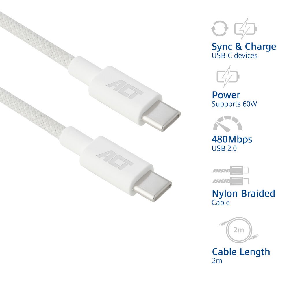 ACT AC3081 | USB 2.0 Kabel | USB-C naar USB-C | 60W | 480Mbps | Wit | 2 Meter