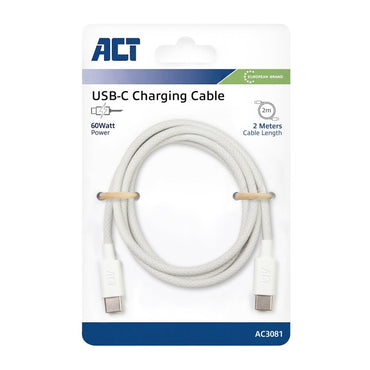 ACT AC3081 | USB 2.0 Kabel | USB-C naar USB-C | 60W | 480Mbps | Wit | 2 Meter