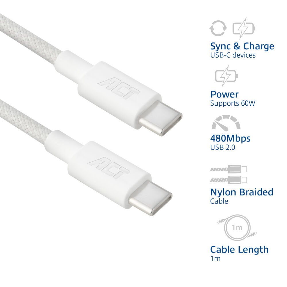 ACT AC3080 | USB 2.0 Kabel | USB-C naar USB-C | 60W | 480Mbps | Wit | 1 Meter - Matmuis - Matmuis