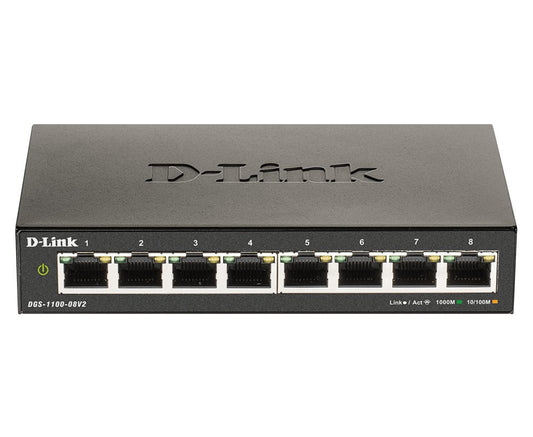 D-Link DGS-1100-08V2 | Managed L2 Smart Switch | 8 Poorten | Gigabit Ethernet (10/100/1000 Mbps) | VLAN/QoS/IGMP Snooping | Fanless - Matmuis