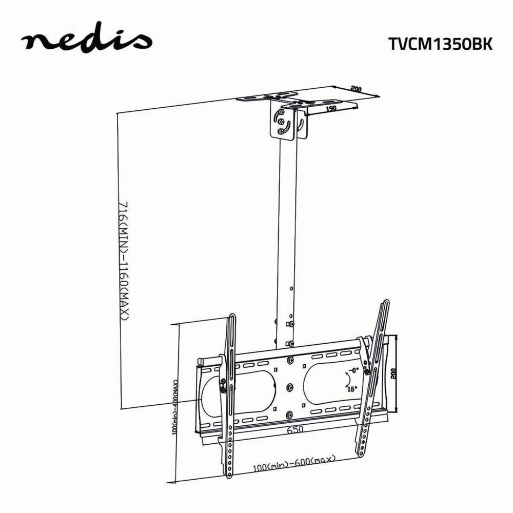 Nedis TVCM1350BK | Draai- en kantelbare TV-plafondbeugel | 42''-65'' | max 45kg | VESA 600x400