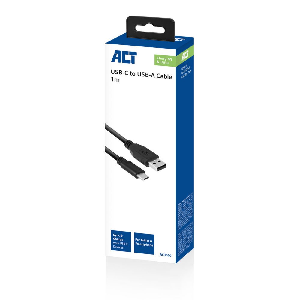ACT AC3020 | USB 3.2 Gen 1 | USB-A naar USB-C | 1m | Zwart - Matmuis - Matmuis