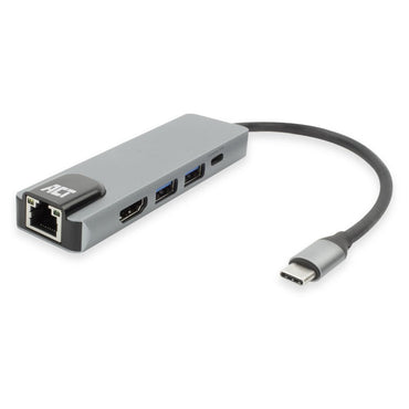 ACT AC7091 | USB-C 4K Docking Station | HDMI 2.0 (4K@60 Hz) + Gigabit Ethernet + 2x USB-A + USB-C PD Pass-Through | Aluminium | Grijs/Zilver - Matmuis - Matmuis