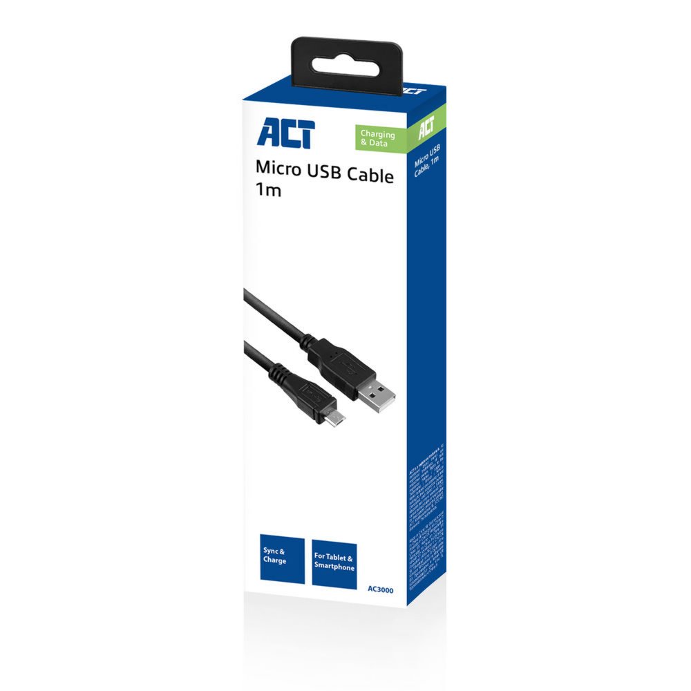 ACT AC3000 | USB 2.0 | USB-A naar Micro-USB-B | 1m | Zwart - Matmuis - Matmuis