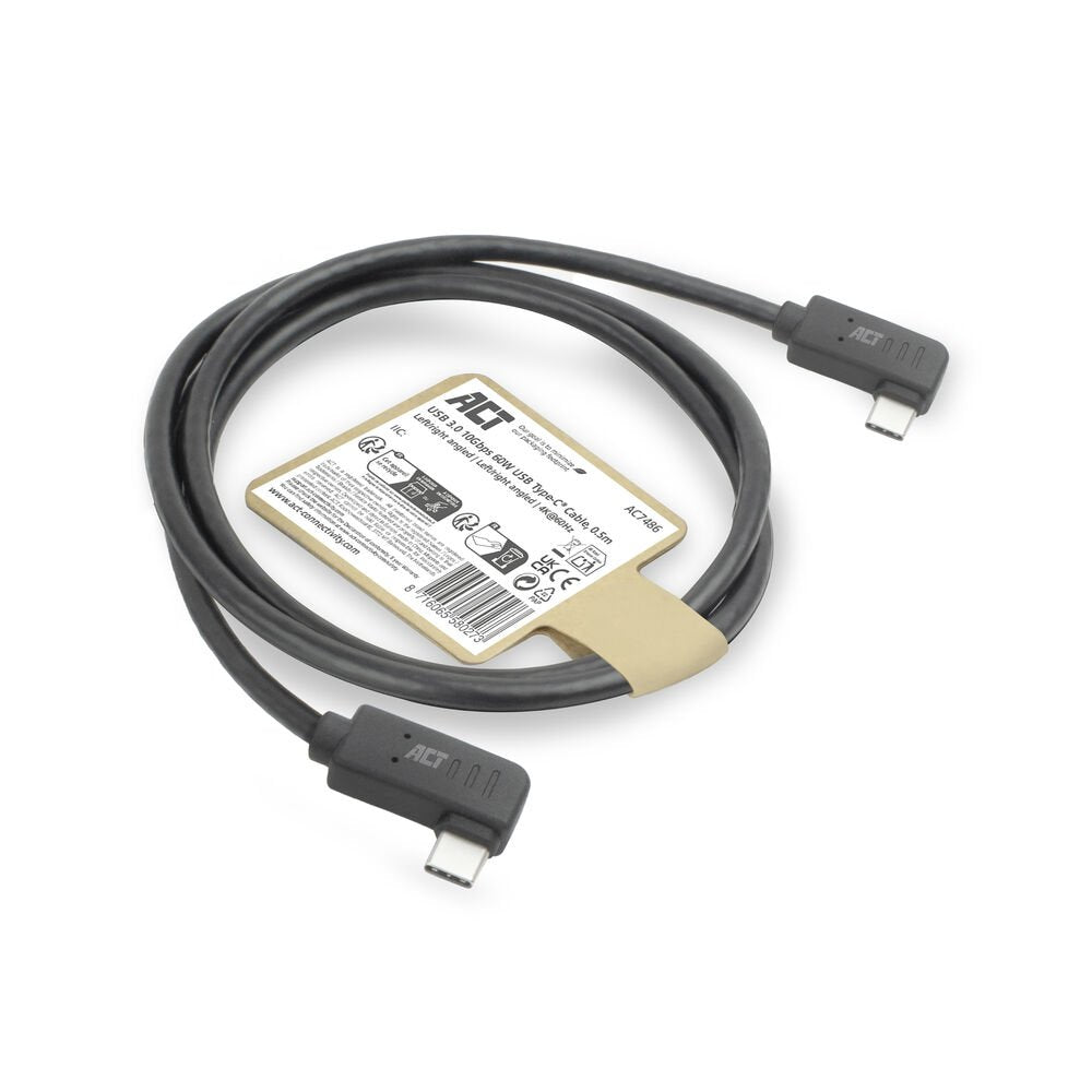 ACT AC7486 | USB 3.2 Gen 2 Kabel | USB-C (haaks links/rechts) naar USB-C (haaks links/rechts) | 60W | 10Gbps | 0,5m | Zwart - Matmuis - Matmuis