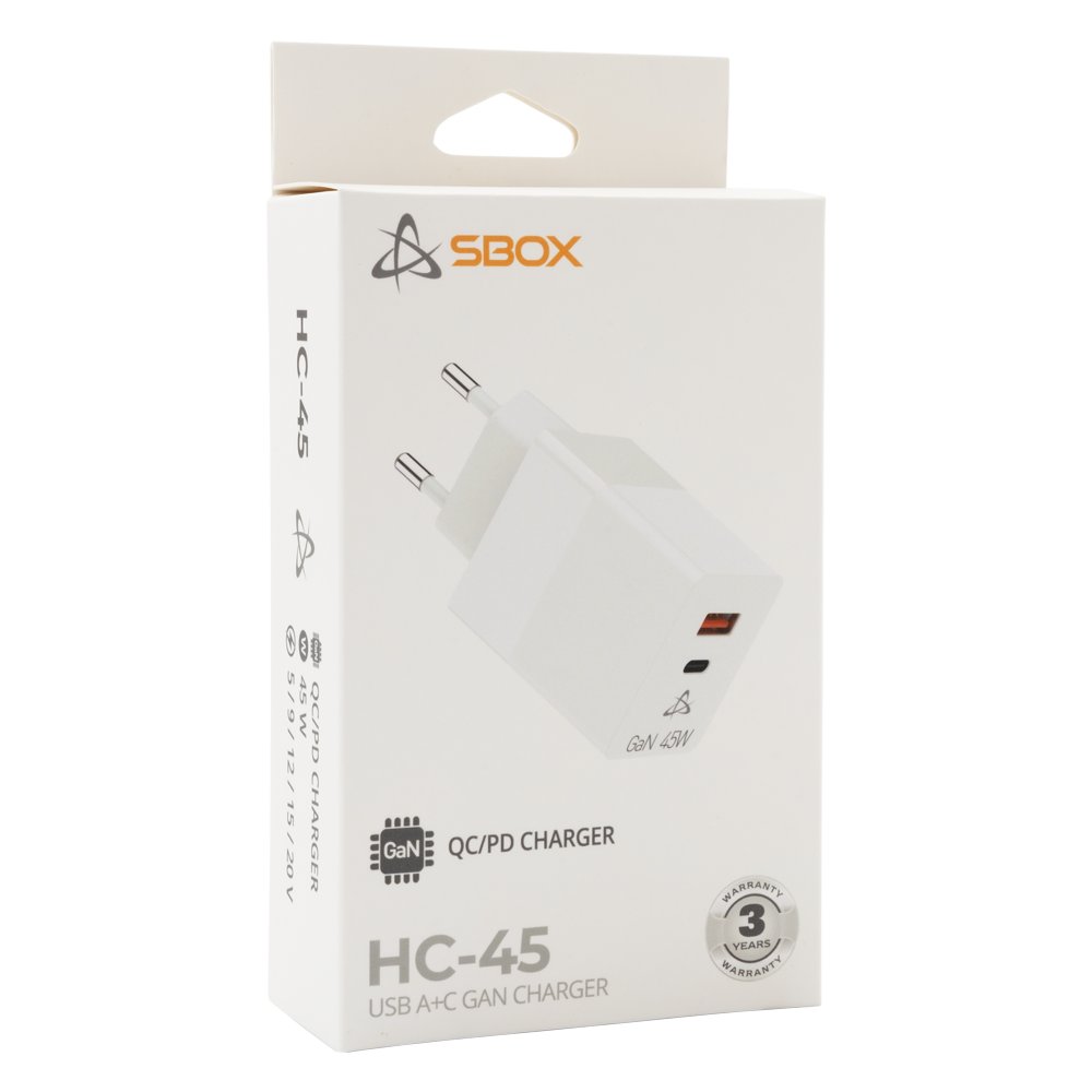SBOX USB Oplader HC-45 | 45W | USB-A & USB-C (2 Poorten) | Wit