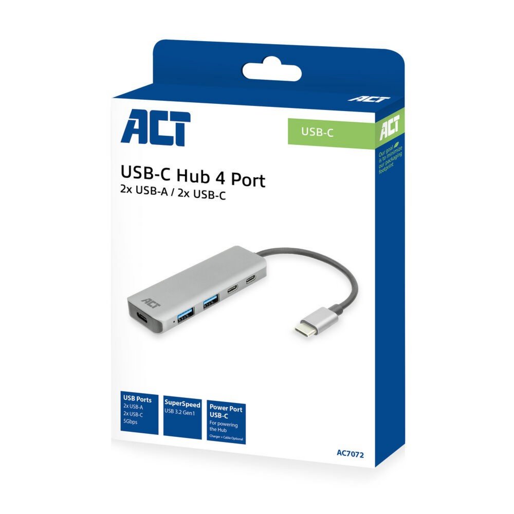 ACT AC7072 USB-C Hub 3.0 | 2x USB-A & 2x USB-C Poorten | 5 Gbps | Aluminium Behuizing | 12 cm Kabel - Matmuis - Matmuis