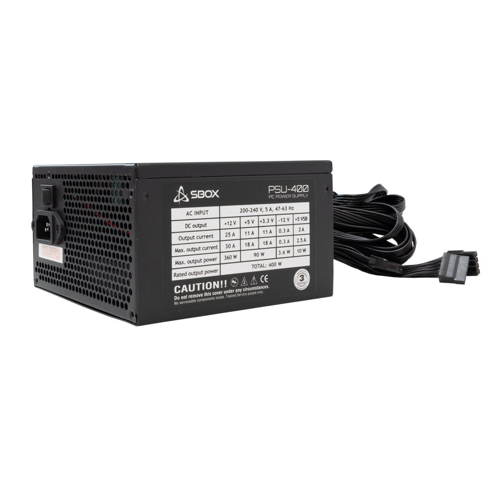 SBOX Voeding | 400W | 120 mm Fan | 140 mm Lengte | 24-pin + 4/8-pin CPU | 3× SATA | PCI-E 6-pin | Molex | Zwart Metaal | RETAIL - Matmuis