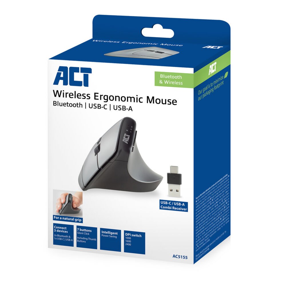 ACT AC5155 | Ergonomische Draadloze Muis | RF-Draadloos + Bluetooth | USB-A en USB-C Receiver | 2400 DPI | Zilver/Zwart - Matmuis - Matmuis