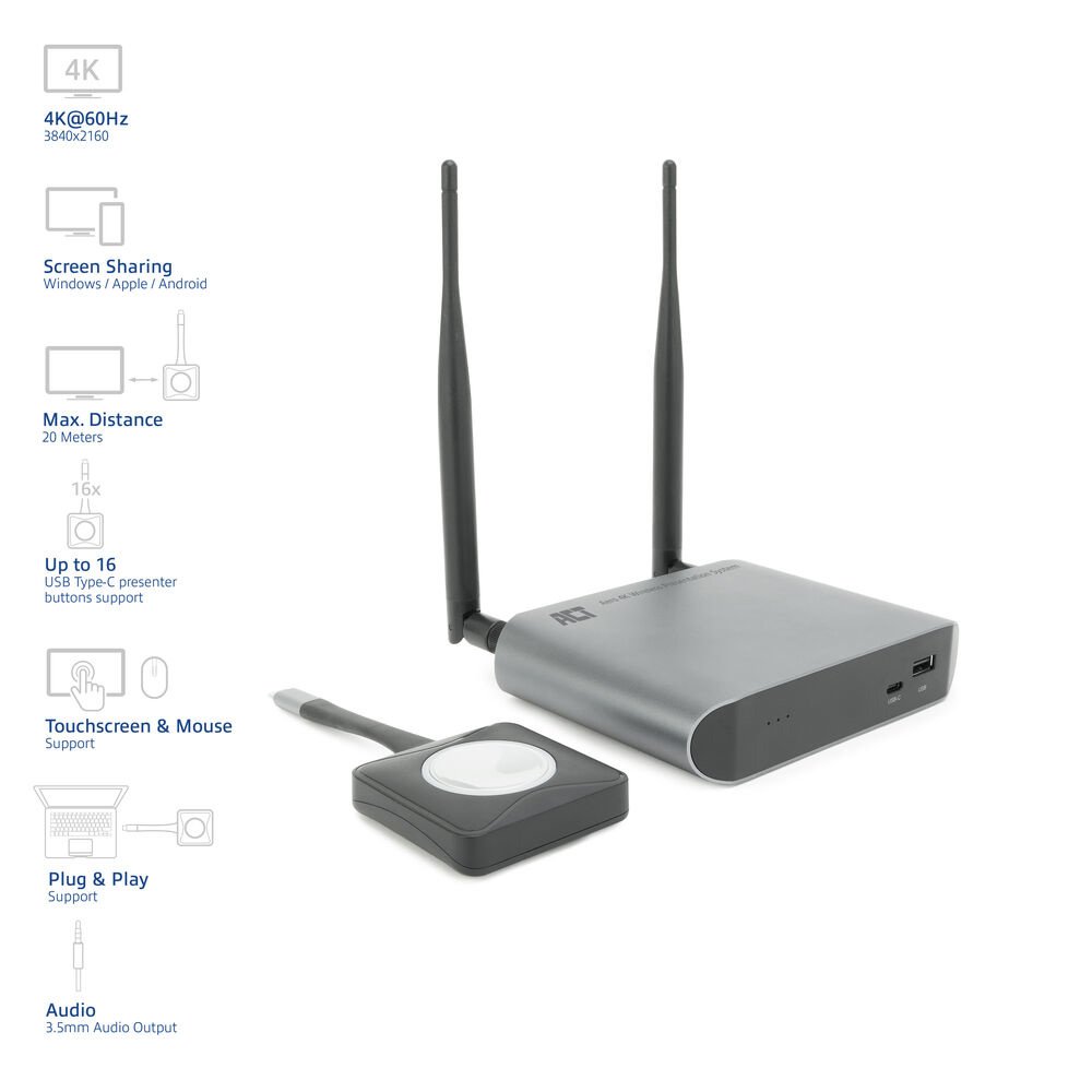 ACT Aero 4K Draadloos Presentatiesysteem (AC7960) | 4K (3840x2160) | USB-C | HDMI | Plug and Play | Multi User | Split Screen - Matmuis - Matmuis