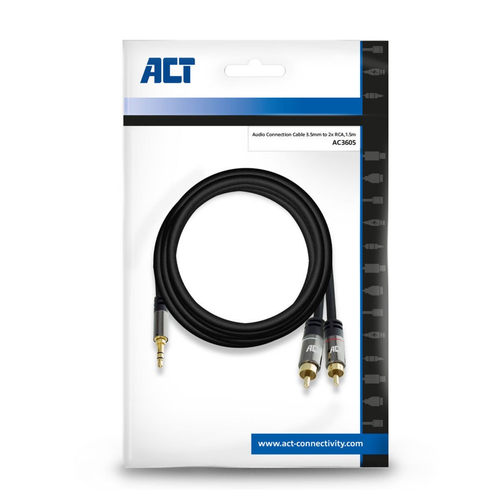 ACT AC3605 | 3.5mm naar 2x RCA Audiokabel | 1,5 Meter | Stereo | Zwart