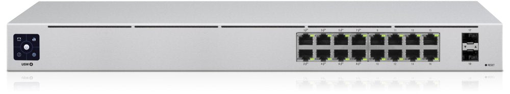 Ubiquiti UniFi USW-16-POE Gen2 | 16-poorts Managed L2/L3 Gigabit Switch | 8x PoE+ (802.3at) | 2x SFP | 42W PoE-budget | Fanless | 1U Rackmount - Matmuis