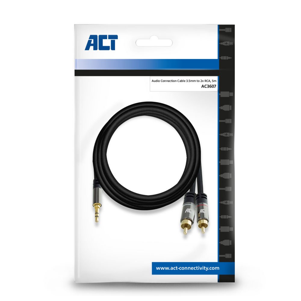 ACT AC3607 | 3.5mm naar 2x RCA Audiokabel | 5 Meter | Stereo | Zwart - Matmuis - Matmuis
