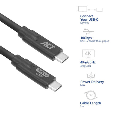 ACT AC7443 | USB 3.2 Kabel | 10Gbps | 60W | USB-C naar USB-C | 3m | Zwart - Matmuis - Matmuis