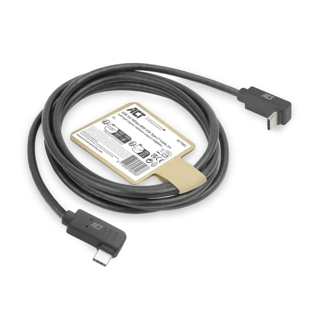 ACT AC7482 | USB 3.2 Gen 2 Kabel | USB-C (haaks links/rechts) naar USB-C (haaks boven/beneden) | 60W | 10Gbps | 2m | Zwart - Matmuis - Matmuis