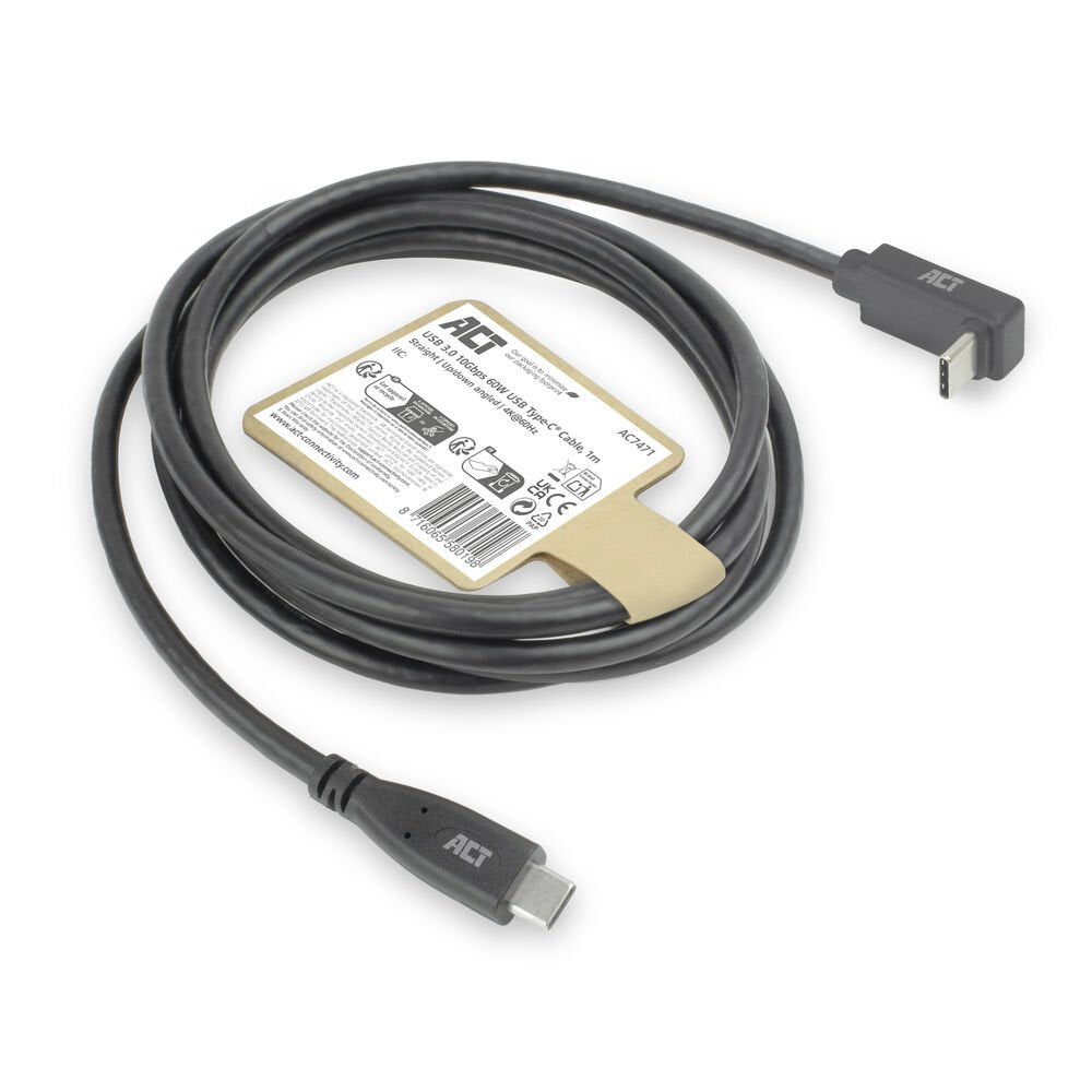 ACT AC7471 | USB 3.2 Gen 2 Kabel | USB-C (recht) naar USB-C (haaks boven/beneden) | 60W | 10Gbps | 1m | Zwart - Matmuis - Matmuis