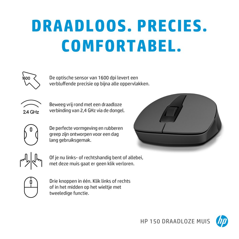 HP 150 | Draadloze Muis | Links- en Rechtshandig | 1600 DPI | Zwart - Matmuis - Matmuis