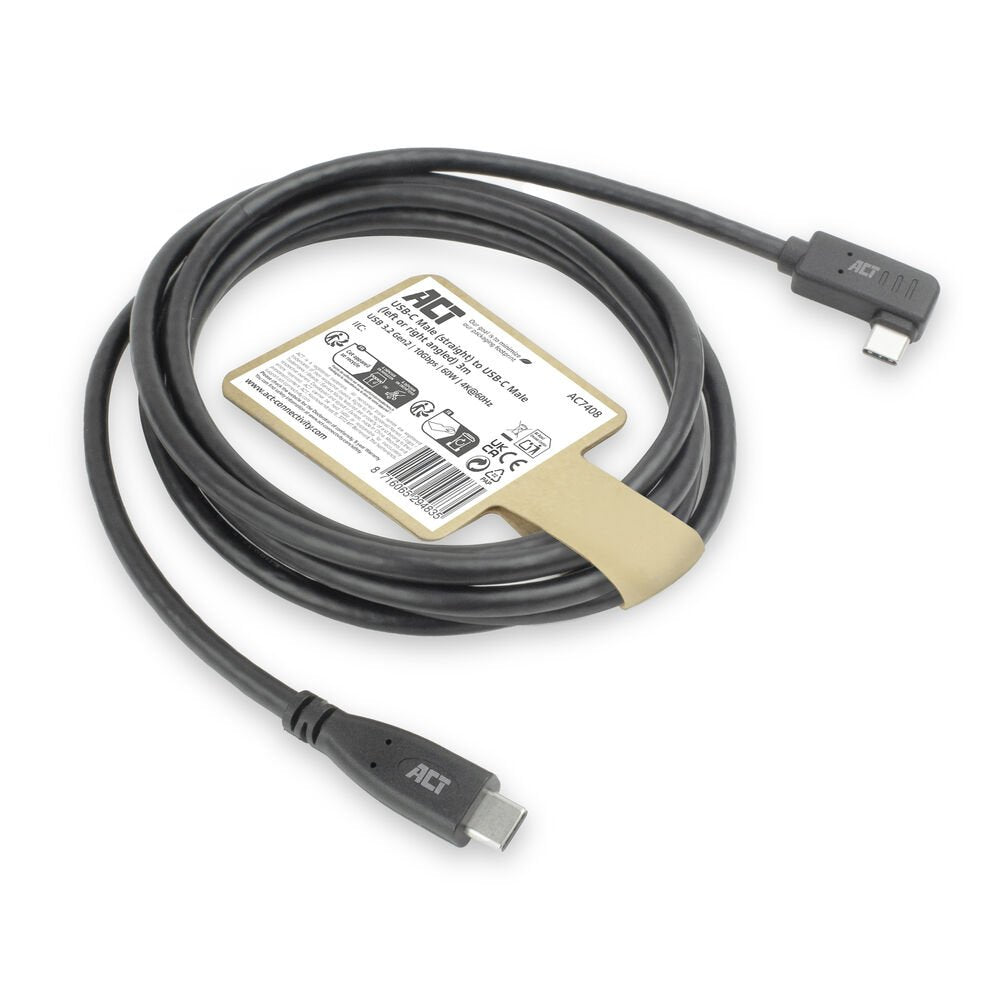 ACT AC7408 | USB 3.2 Gen 2 Kabel | USB-C (recht) naar USB-C (haaks links/rechts) | 60W | 10Gbps | 3m | Zwart - Matmuis - Matmuis