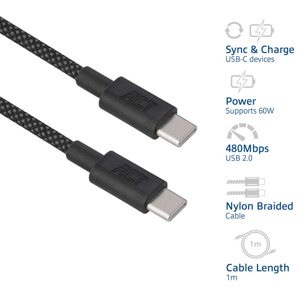 ACT AC3082 | USB 2.0 Kabel | USB-C naar USB-C | 60W | 480Mbps | Zwart | 1 Meter - Matmuis - Matmuis