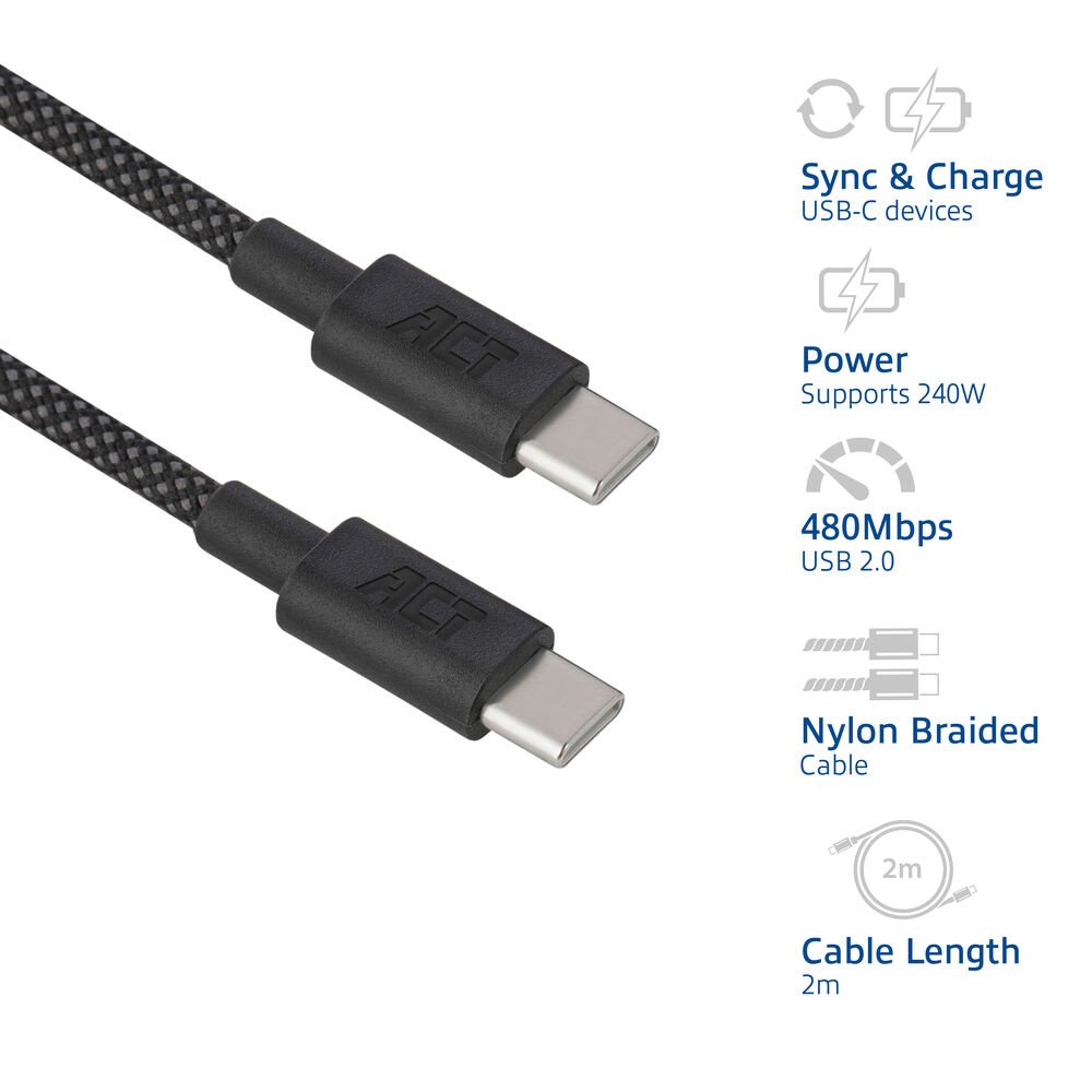 ACT AC3087 | USB 2.0 Kabel | USB-C naar USB-C | 240W | 480Mbps | Zwart | 2 Meter - Matmuis - Matmuis