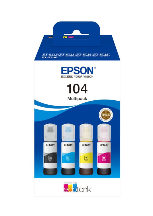 Epson 104 EcoTank Inktfles Multipack | Kleuren: Zwart, Cyaan, Magenta, Geel | Compatibel met Epson EcoTank-printers - Matmuis - Matmuis