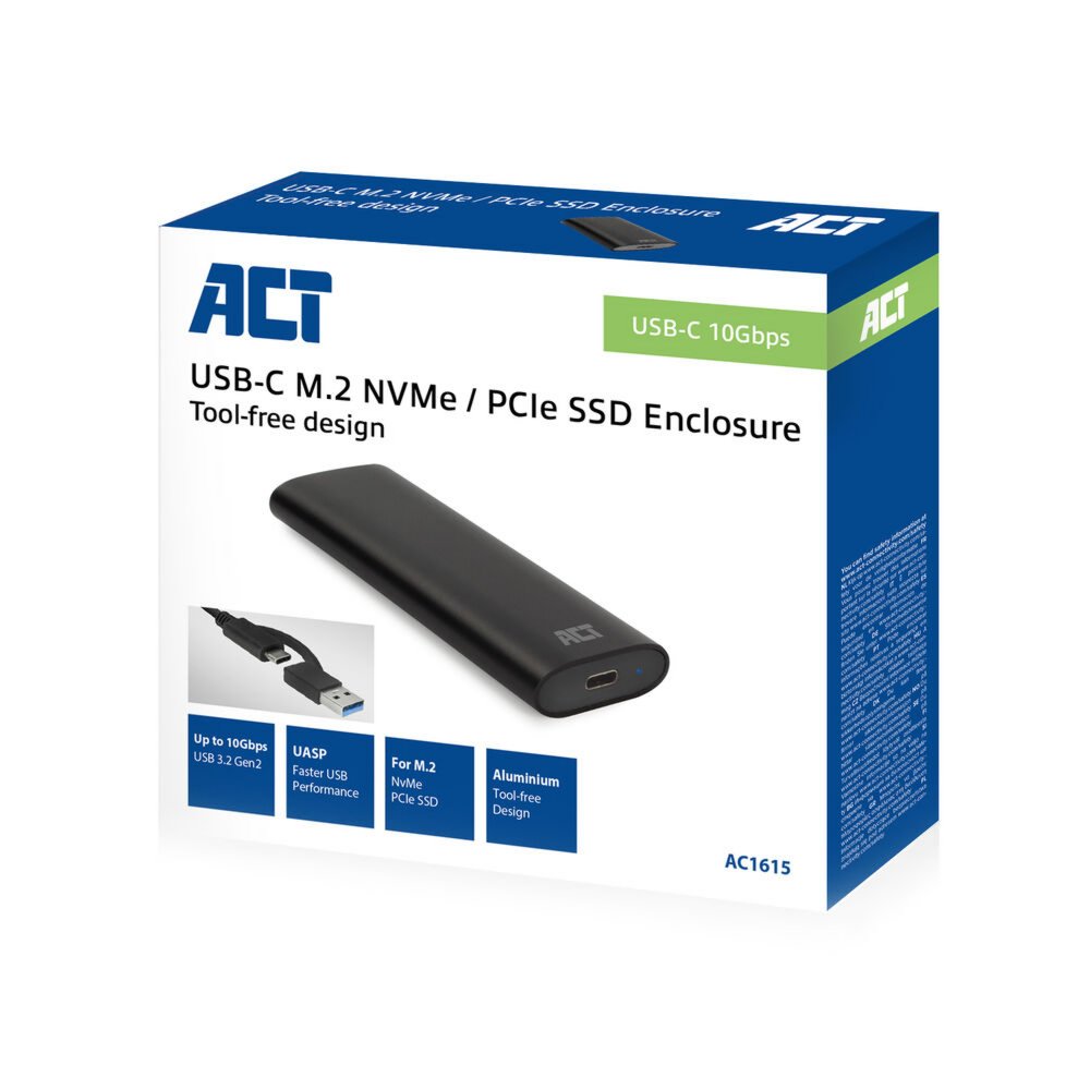 ACT AC1615 | USB-C M.2 NVMe/PCIe SSD Behuizing | Tool-Free | Aluminium | USB 3.2 Gen2 (10 Gbps) - Matmuis - Matmuis