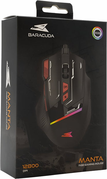 Baracuda MANTA RGB | Bekabelde Gaming Muis | Rechtshandig | USB-A | 12800 DPI | Zwart - Matmuis - Matmuis