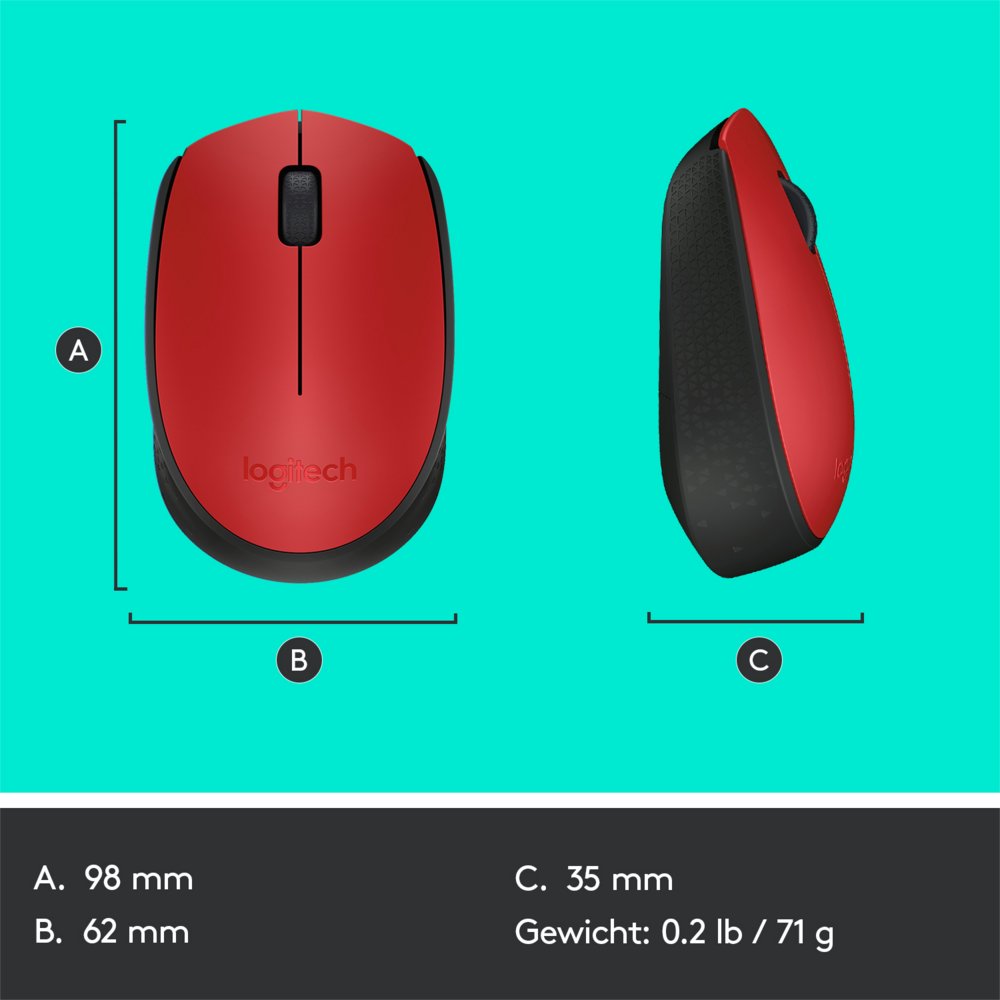 Logitech M171 | Draadloze Muis | Links- en Rechtshandig | RF | 1000 DPI | Rood/Zwart - Matmuis - Matmuis