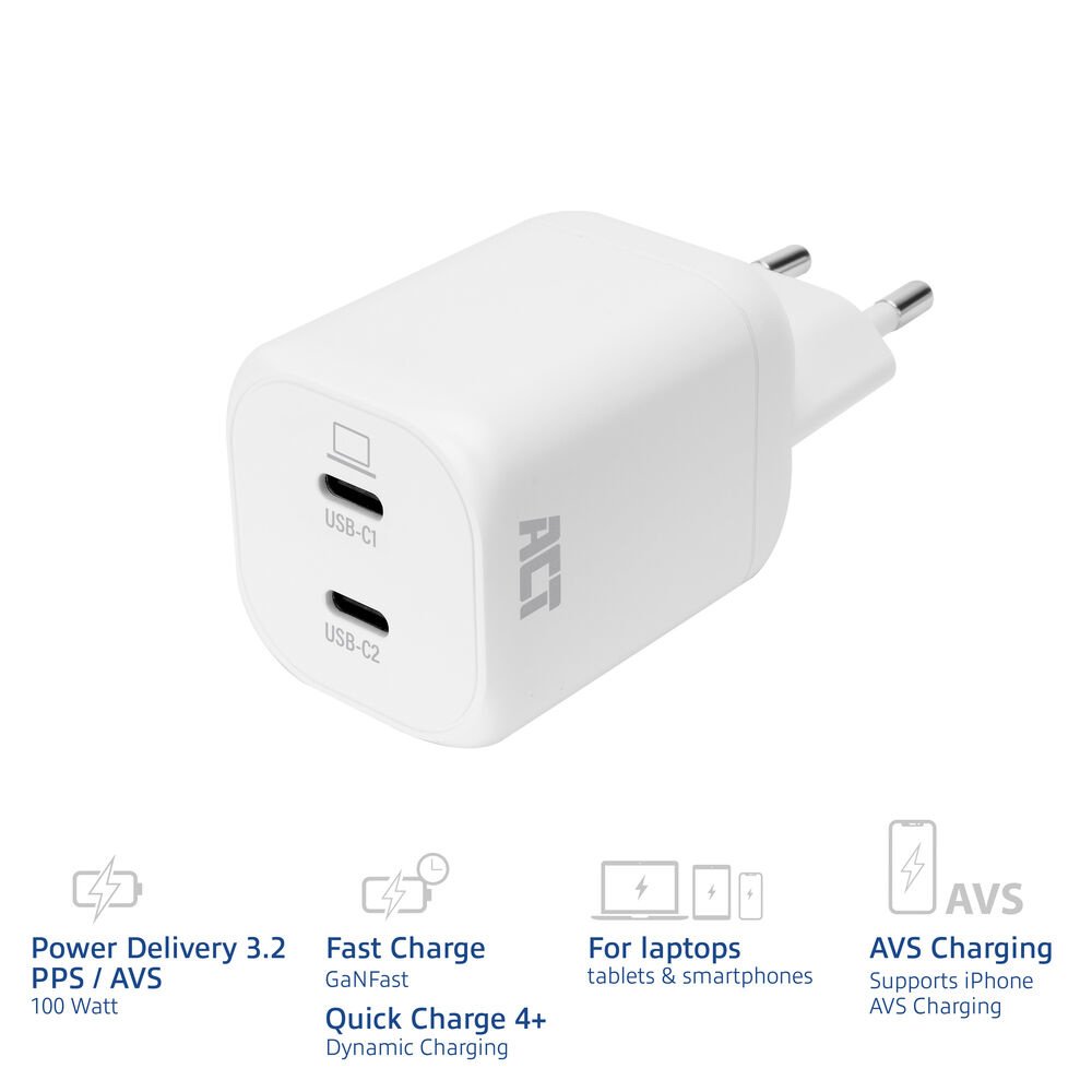 ACT AC2175 | 100W USB-C-lader | 2× USB-C | Power Delivery 3.2 | PPS & AVS | GaNFast