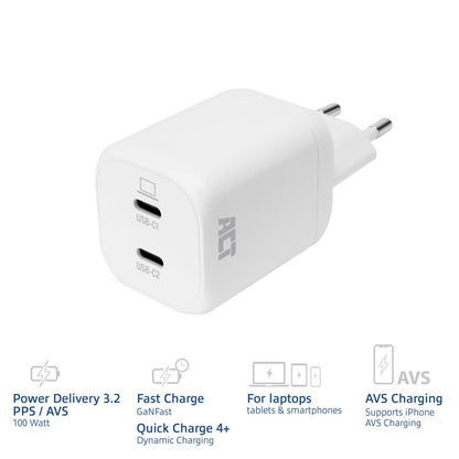 ACT AC2175 | 100W USB-C-lader | 2× USB-C | Power Delivery 3.2 | PPS & AVS | GaNFast