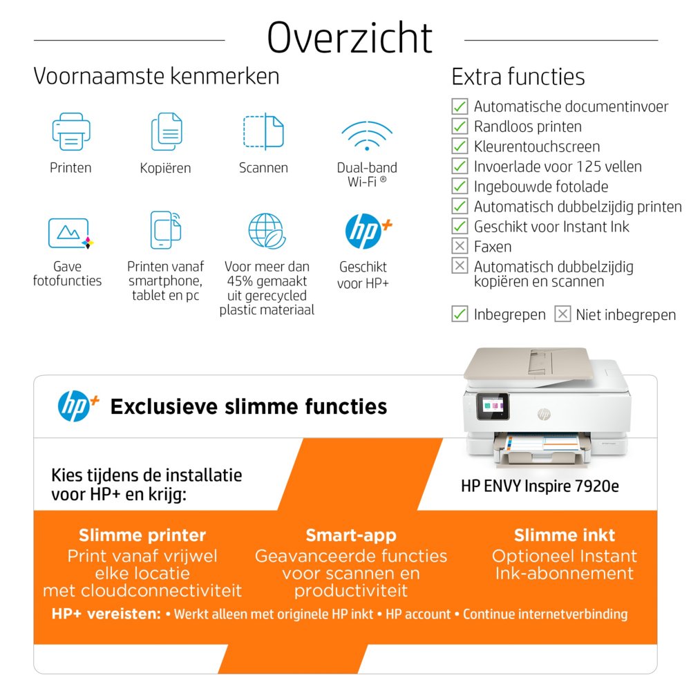 HP Envy Inspire 7920e | All-in-One Inkjetprinter | 4800 x 1200 DPI | Wi-Fi | Kleur - Matmuis - Matmuis