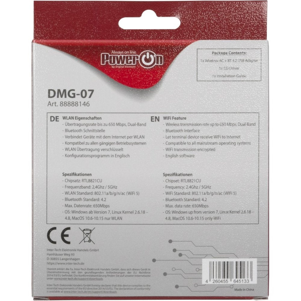 Inter-Tech DMG-07 | Wi-Fi 5 & Bluetooth 4.2 USB Adapter | 650 Mbps | Dual-band (2,4 GHz / 5 GHz) | Zwart - Matmuis - Matmuis
