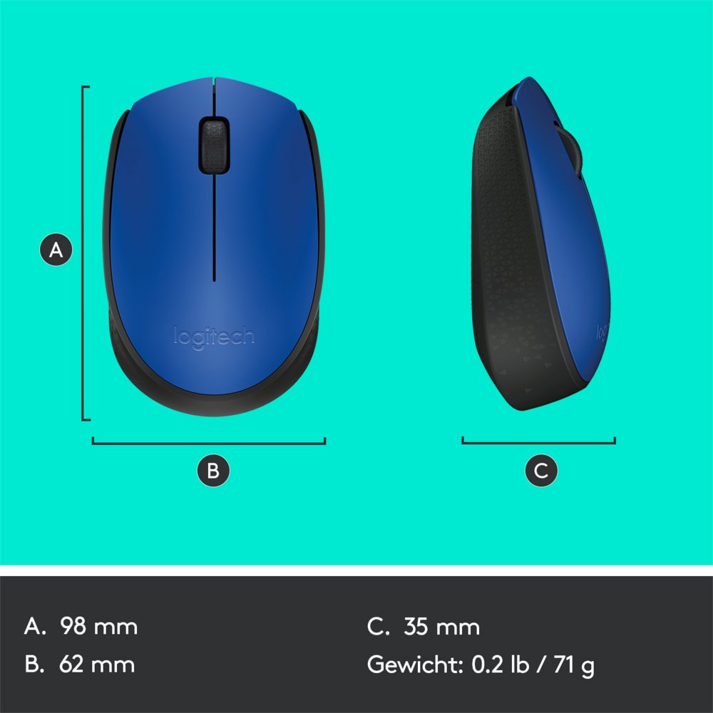 Logitech M171 | Draadloze Muis | Links- en Rechtshandig | RF | 1000 DPI | Zwart/Blauw - Matmuis - Matmuis