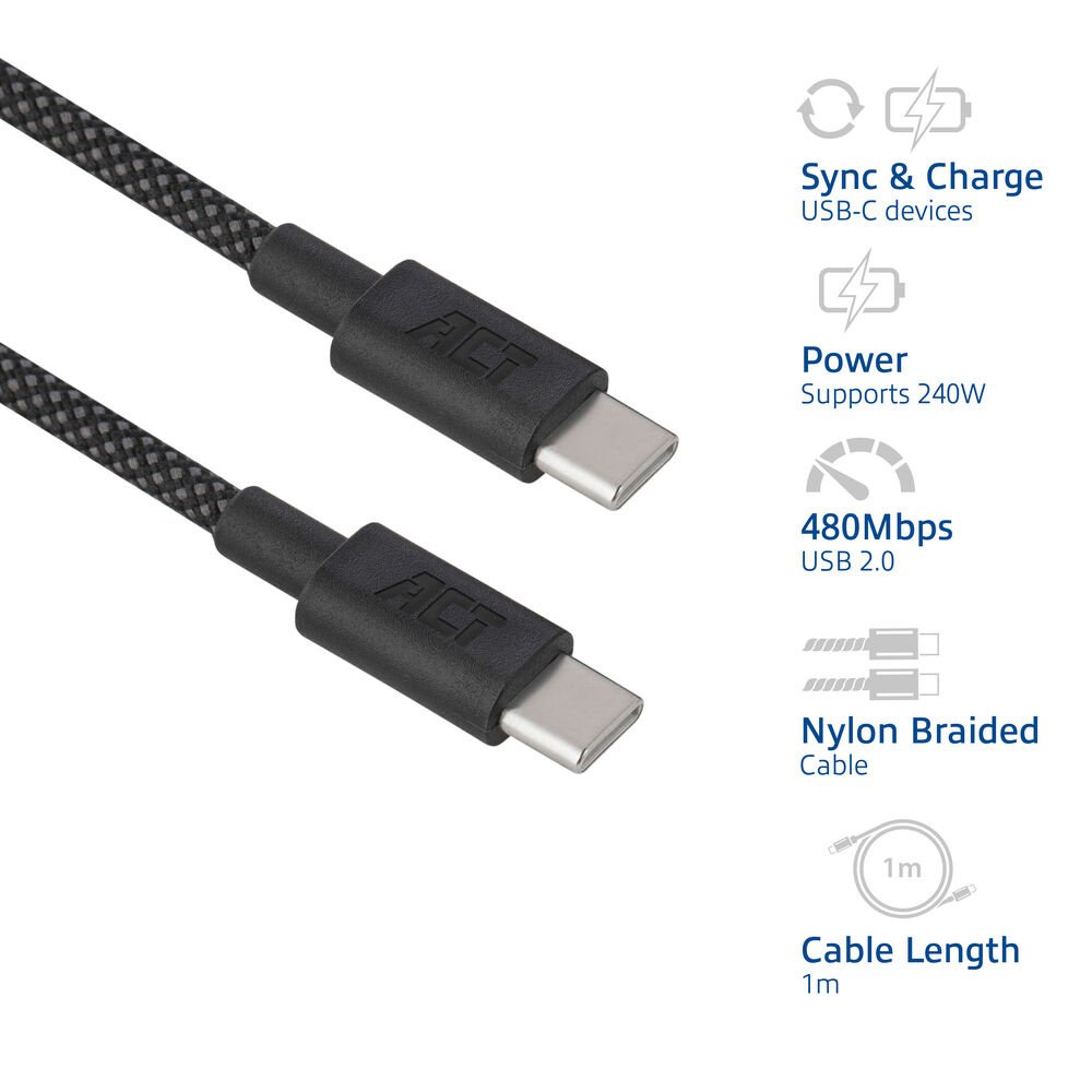 ACT AC3086 | USB 2.0 Kabel | USB-C naar USB-C | 240W | 480Mbps | Zwart | 1 Meter - Matmuis - Matmuis