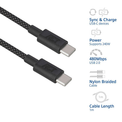 ACT AC3086 | USB 2.0 Kabel | USB-C naar USB-C | 240W | 480Mbps | Zwart | 1 Meter - Matmuis - Matmuis