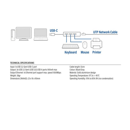 ACT AC7055 | 3-Poorts USB-C 3.2 (USB 3.0) Hub | Gigabit Ethernet Poort - Matmuis - Matmuis