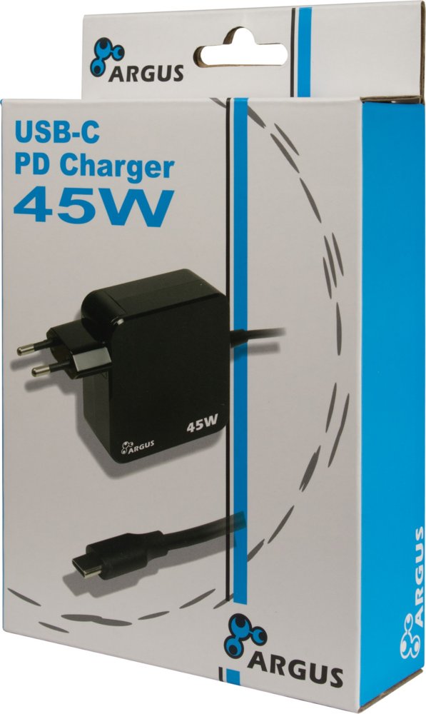 Inter-Tech Argus PD-2045 | Universele USB-C Oplader 45W | Zwart | Met Geïntegreerde Kabel
