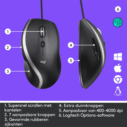Logitech M500s Advanced | Bekabelde Muis | Rechtshandig | USB-A | 4000 DPI | Zwart/Zilver - Matmuis - Matmuis