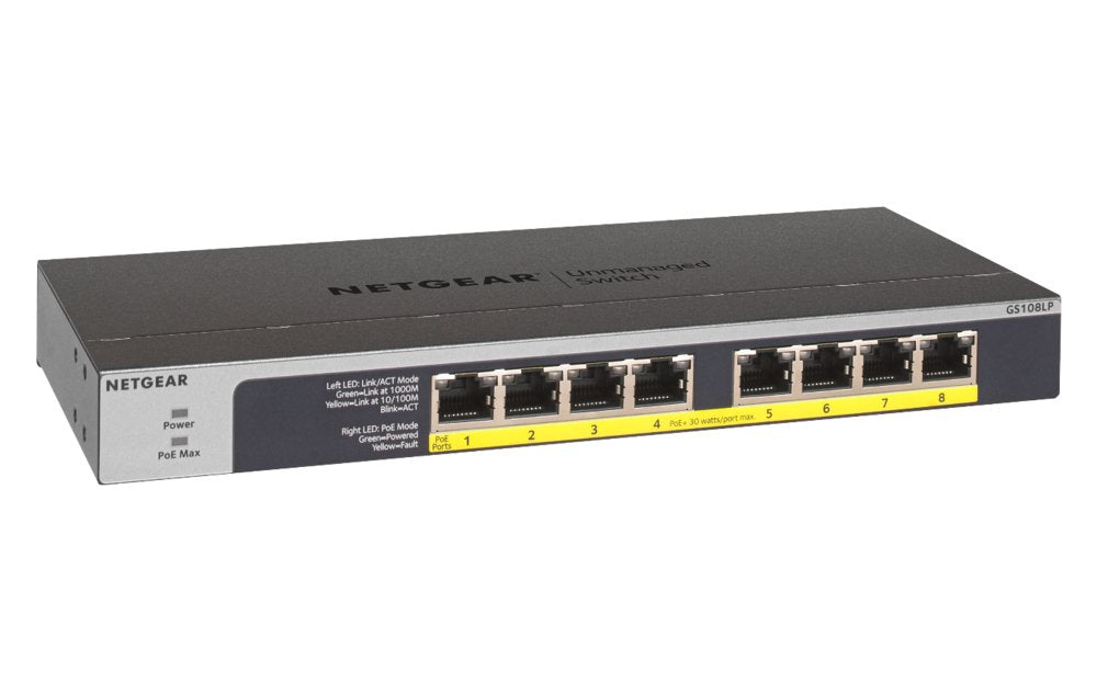 NETGEAR GS108LP | Unmanaged Switch | 8 Poorten | Gigabit Ethernet (10/100/1000 Mbps) | 8x PoE+ (60W) | FlexPoE | Fanless | 1U Rackmount - Matmuis