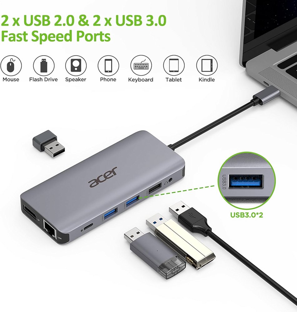 Acer 12-in-1 USB-C Docking Station | Dual HDMI | DisplayPort | Gigabit Ethernet | USB 3.2 Gen 1 - Matmuis