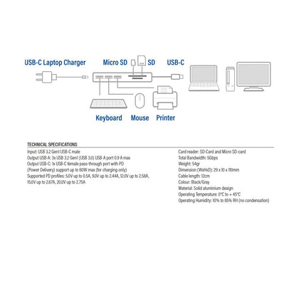 ACT AC7050 | 3-Poorts USB-C Hub | Kaartlezer | Zilver - Matmuis - Matmuis