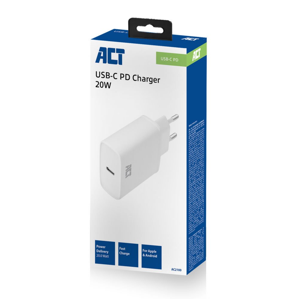 ACT AC2100 | USB-C Universele Oplader voor Mobiele Apparaten 20W | Wit - Matmuis