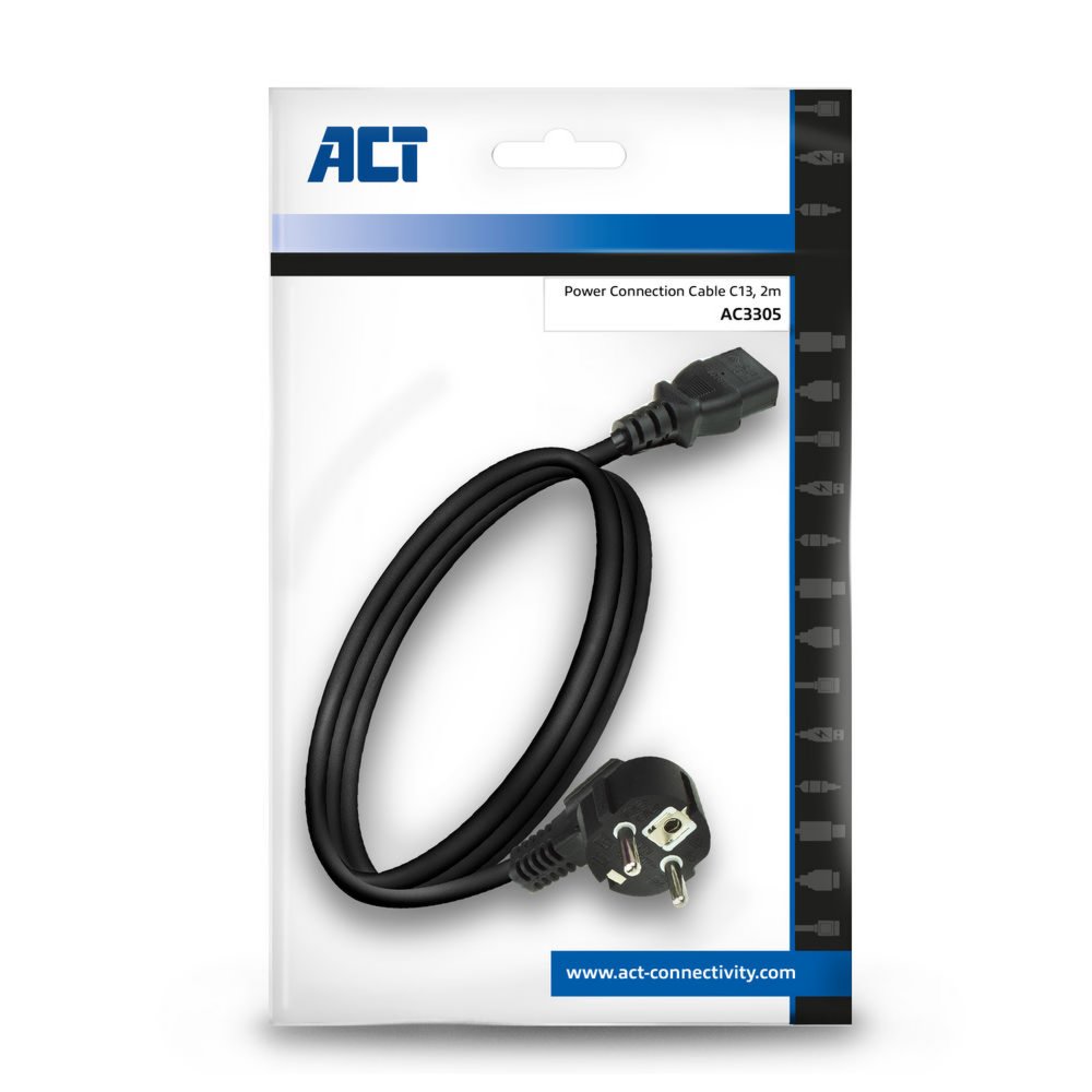 ACT AC3305 | Elektriciteitssnoer | 2 Meter | Netstekker Type F naar C13 | Zwart - Matmuis - Matmuis