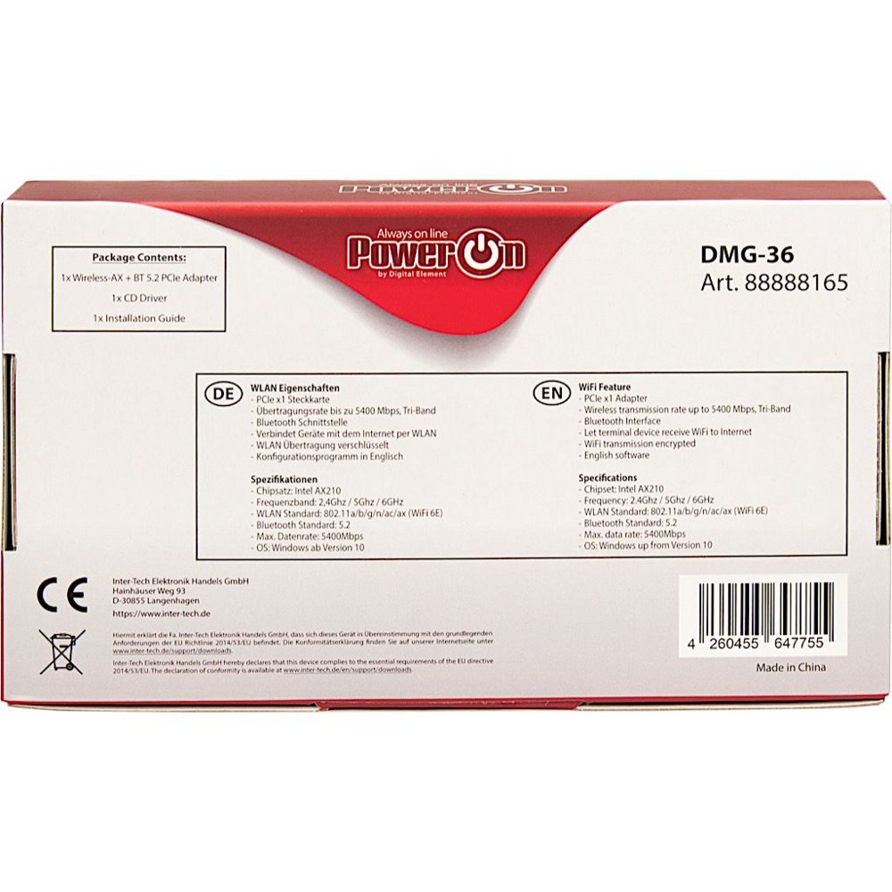 Inter-Tech DMG-36 Interne Adapter | WLAN: 802.11 a/b/g/n/ac/ax (Wi-Fi 6E) | Tot 5400 Mbit/s | Bluetooth 5.2 - Matmuis - Matmuis