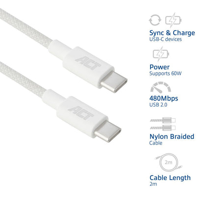 ACT AC3081 | USB 2.0 Kabel | USB-C naar USB-C | 60W | 480Mbps | Wit | 2 Meter - Matmuis - Matmuis
