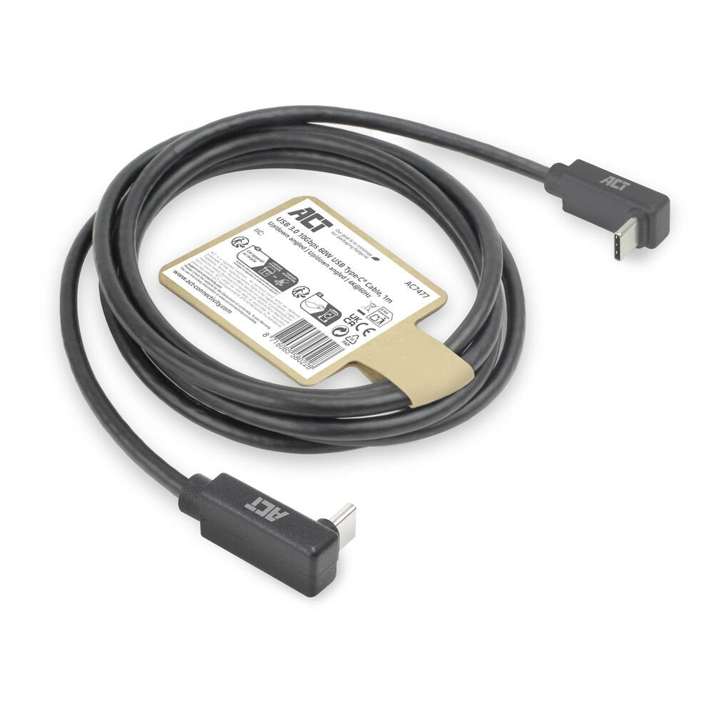 ACT AC7477 | USB 3.2 Gen 2 Kabel | USB-C (haaks boven/beneden) naar USB-C (haaks boven/beneden) | 60W | 10Gbps | 1m | Zwart - Matmuis - Matmuis