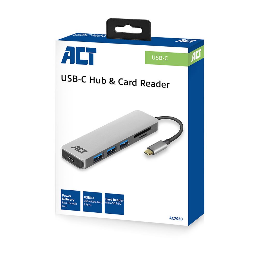 ACT AC7050 | 3-Poorts USB-C Hub | Kaartlezer | Zilver - Matmuis - Matmuis