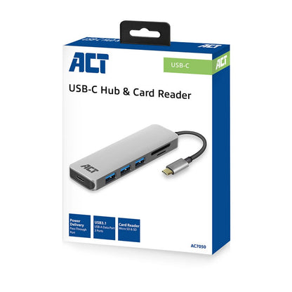 ACT AC7050 | 3-Poorts USB-C Hub | Kaartlezer | Zilver - Matmuis - Matmuis