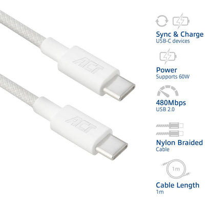 ACT AC3080 | USB 2.0 Kabel | USB-C naar USB-C | 60W | 480Mbps | Wit | 1 Meter - Matmuis - Matmuis