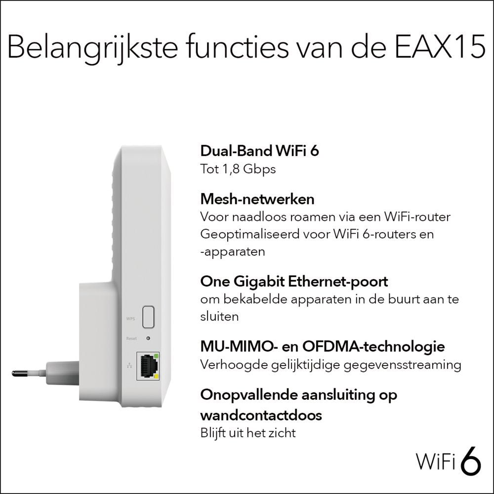 NETGEAR EAX15 | Wi-Fi 6 Mesh Extender | Dual-band | 1800 Mbps | Gigabit Ethernet | Wit - Matmuis - Matmuis